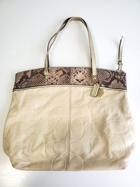Coach Beige Leather Tote with Snakeskin Trim
